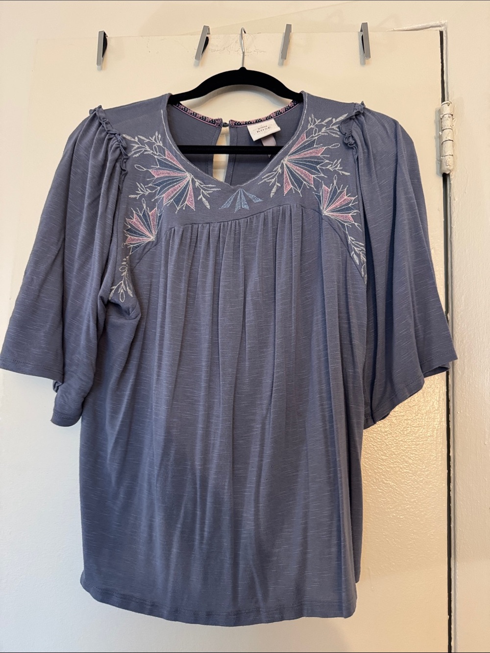 Knox Rose Slate Blue Embroidered Peasant Tunic